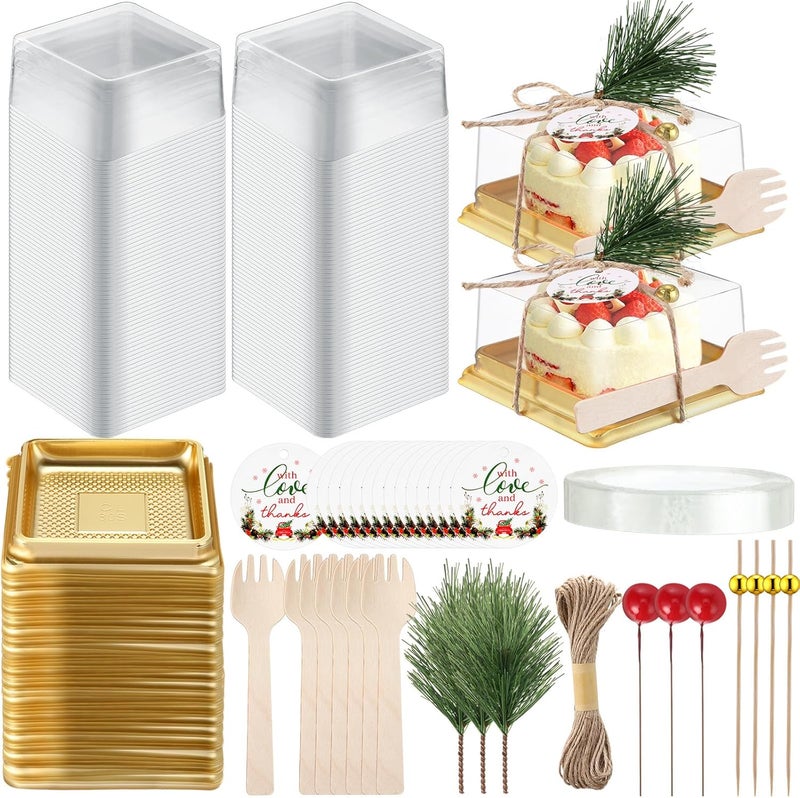 Maxdot 300 Pcs/50 Set Christmas Small Bakery Boxes with Clear Lids, Disposable Mini Dessert Box with Forks Cocktail Picks Thanks Tags, Square Cupcake Containers Xmas Party Favors for Macaron Muffins - Image 1